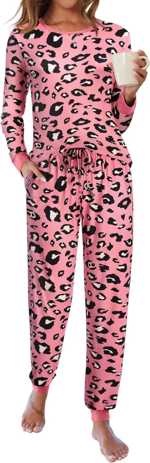 Ekouaer Women's Pajamas Sets Long Sleeve Pjs Soft Sleepwear O Neck 2 Piece Joggers Loung Set with Pockets Pink Leopard Small
