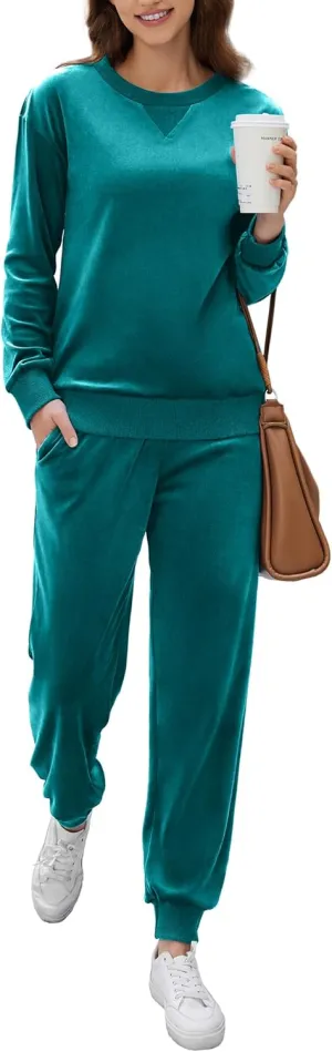 Ekouaer Womens Pajamas Sets Velvet Long Sleeve Jogger Pjs Soft Sleepwear 2 Piece Lounge Sets Casual Tracksuits