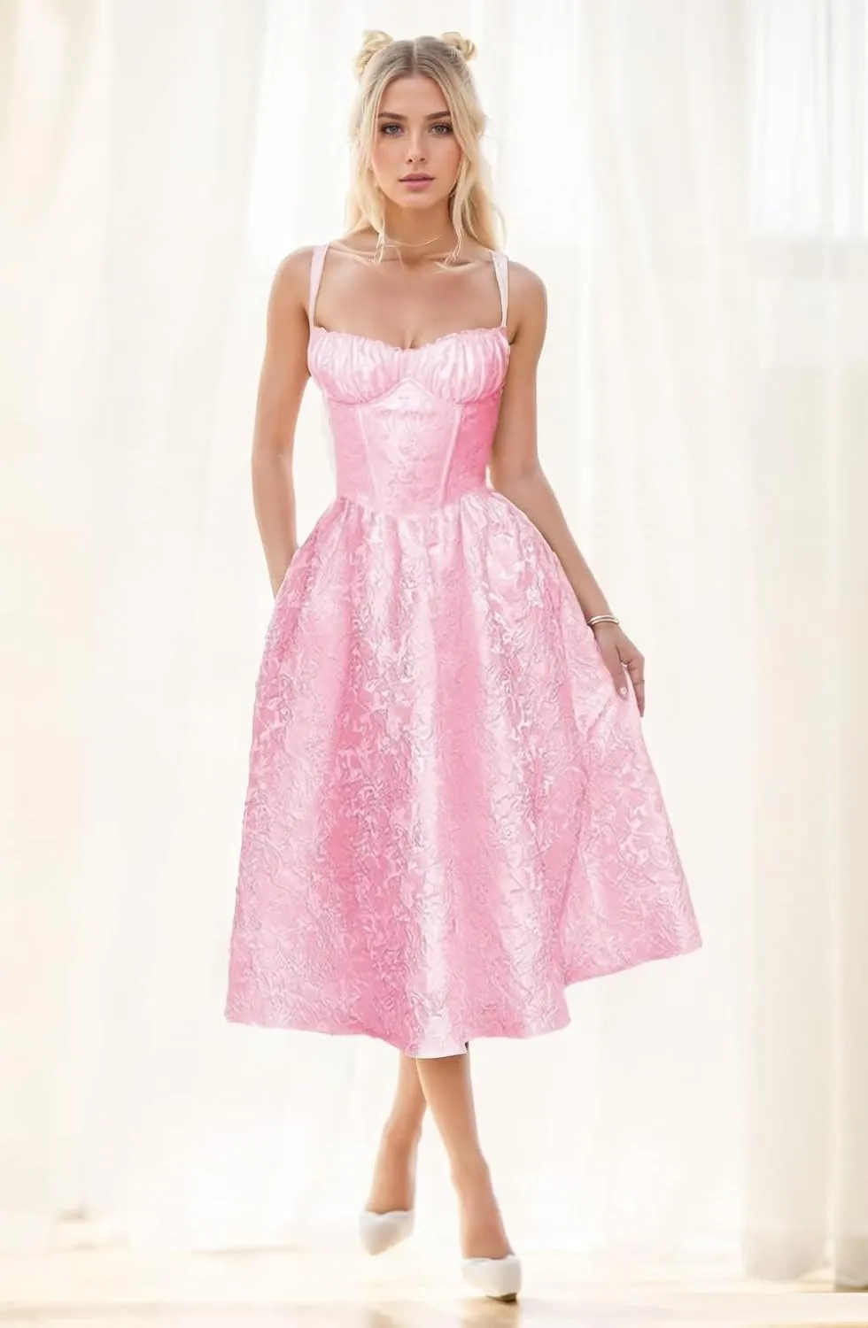 Embroidery Satin Tea Length Prom Dress Spaghetti Straps Jacquard Floral Midi Cocktail Party Fromal Gowns
