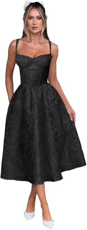 Embroidery Satin Tea Length Prom Dress Spaghetti Straps Jacquard Floral Midi Cocktail Party Fromal Gowns