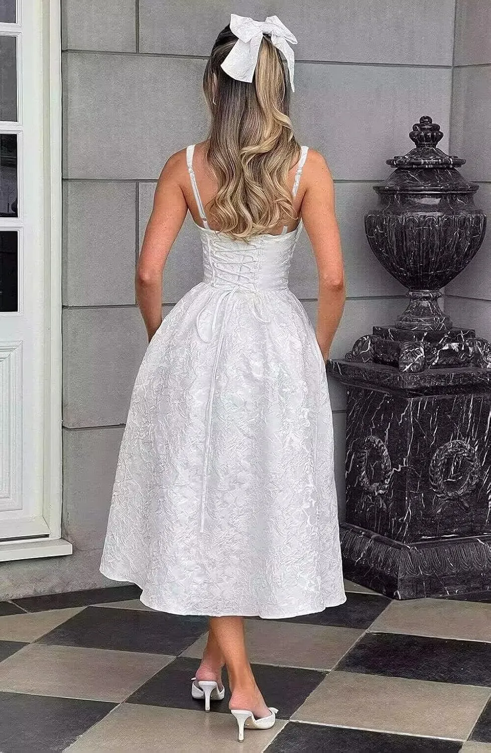 Embroidery Satin Tea Length Prom Dress Spaghetti Straps Jacquard Floral Midi Cocktail Party Fromal Gowns