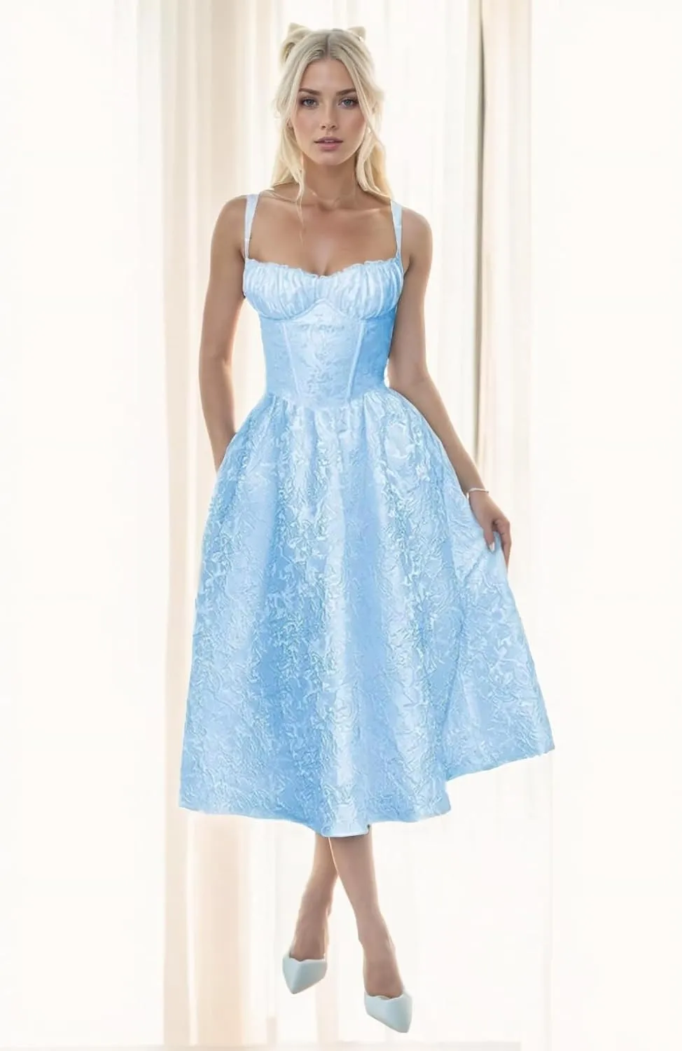 Embroidery Satin Tea Length Prom Dress Spaghetti Straps Jacquard Floral Midi Cocktail Party Fromal Gowns