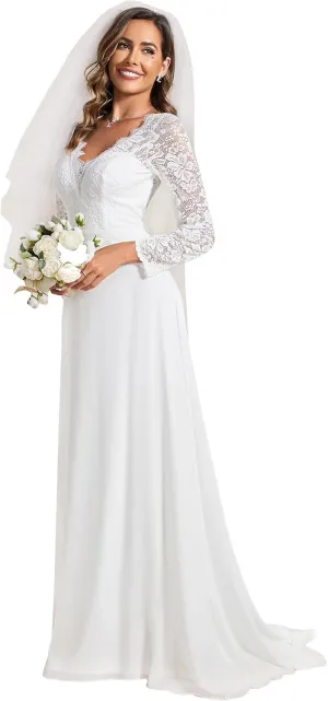 Ever-Pretty Women's Classic Lace V-Neck Long Sleeves Sweep Train Wedding Dress 01925-PH