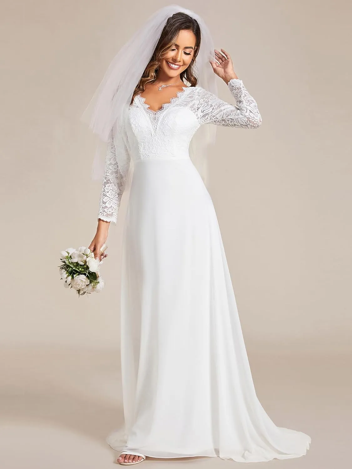 Ever-Pretty Women's Classic Lace V-Neck Long Sleeves Sweep Train Wedding Dress 01925-PH