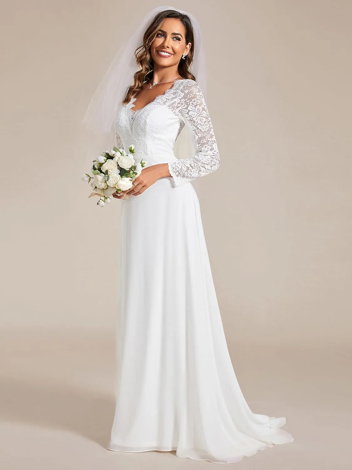 Ever-Pretty Women's Classic Lace V-Neck Long Sleeves Sweep Train Wedding Dress 01925-PH