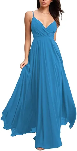 Fanciest Spaghetti Straps V Neck Bridesmaid Dresses Long Chiffon Wedding Fomal Evening Gowns