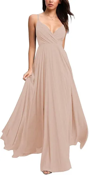 Fanciest Spaghetti Straps V Neck Bridesmaid Dresses Long Chiffon Wedding Fomal Evening Gowns