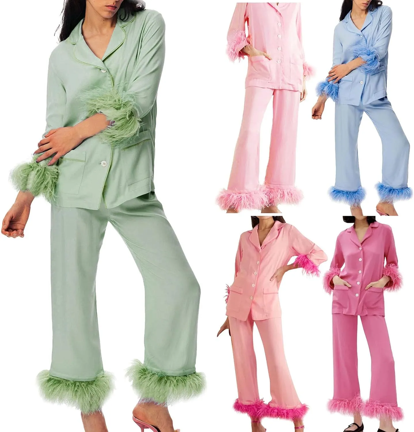 Fancy Pjs For Women Silk Feather Trim Pajamas With Feathers 2 Piece Pajama Set Galentines Day Outfit Satin Shirt Pants