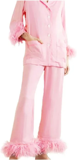 Fancy Pjs For Women Silk Feather Trim Pajamas With Feathers 2 Piece Pajama Set Galentines Day Outfit Satin Shirt Pants