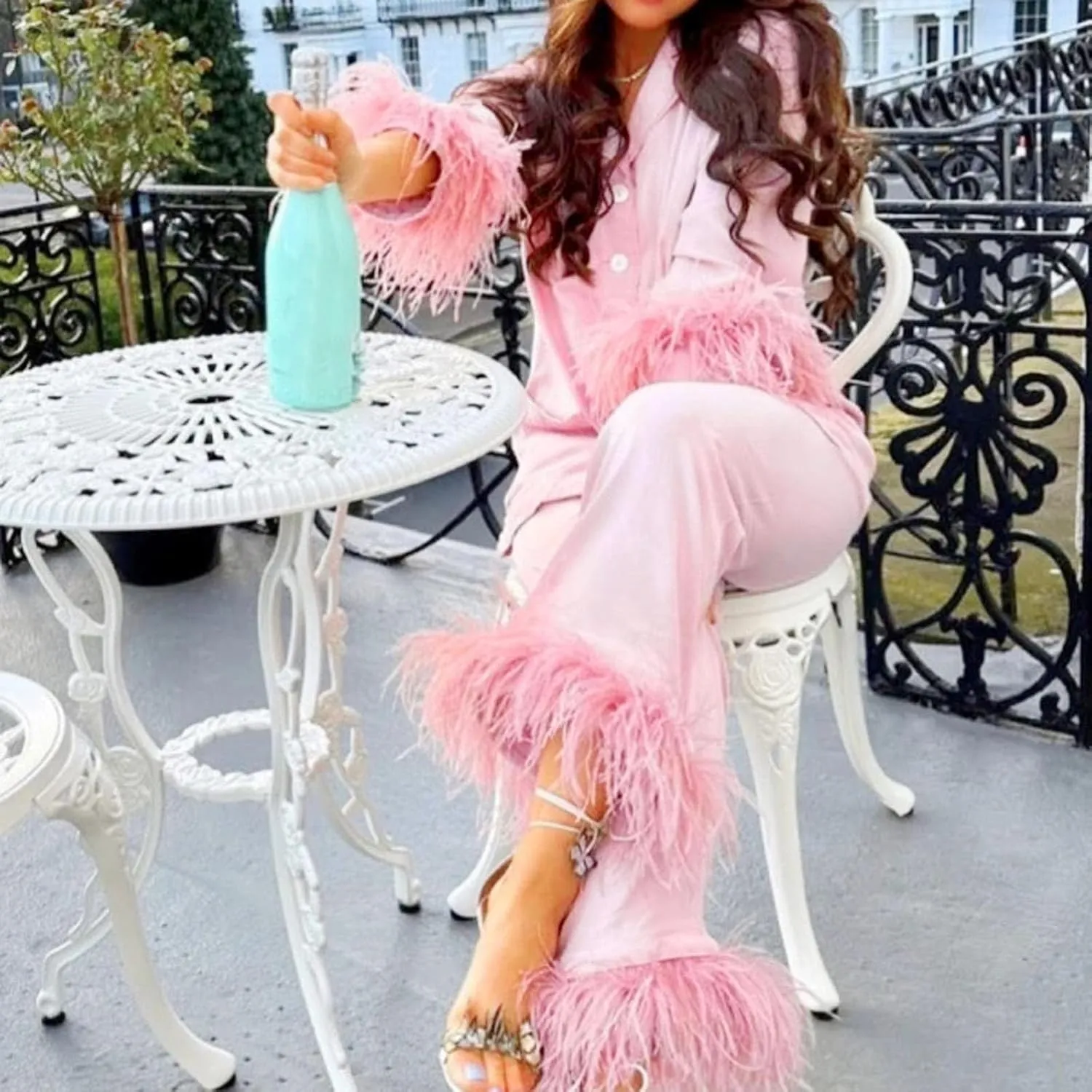 Fancy Pjs For Women Silk Feather Trim Pajamas With Feathers 2 Piece Pajama Set Galentines Day Outfit Satin Shirt Pants