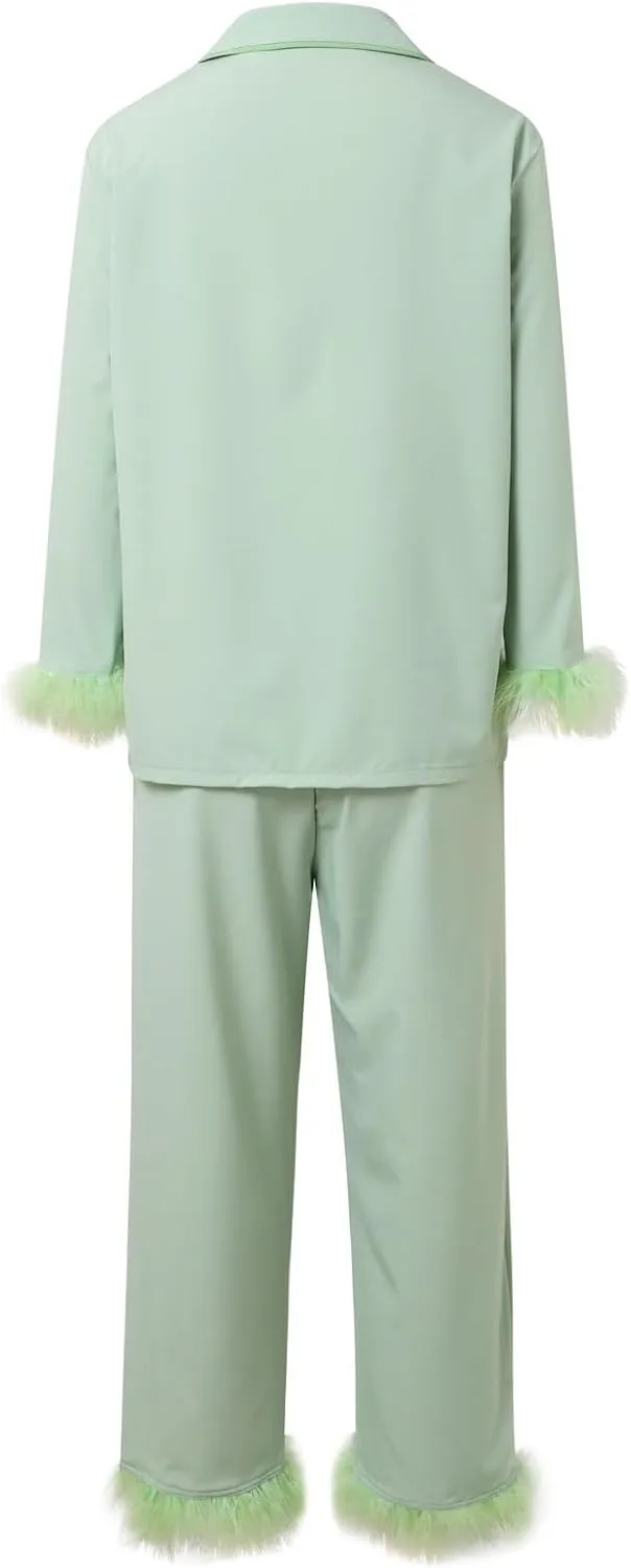 Fancy Pjs For Women Silk Feather Trim Pajamas With Feathers 2 Piece Pajama Set Galentines Day Outfit Satin Shirt Pants