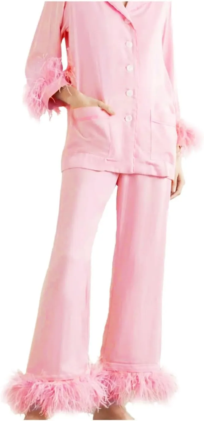 Fancy Pjs For Women Silk Feather Trim Pajamas With Feathers 2 Piece Pajama Set Galentines Day Outfit Satin Shirt Pants