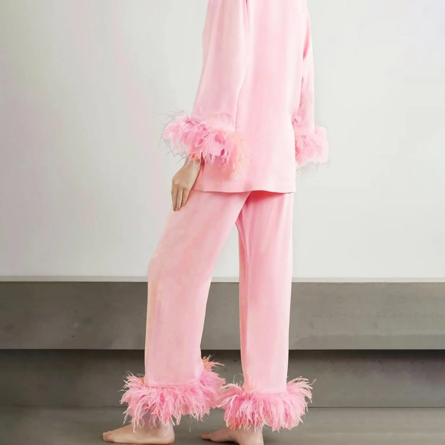 Fancy Pjs For Women Silk Feather Trim Pajamas With Feathers 2 Piece Pajama Set Galentines Day Outfit Satin Shirt Pants