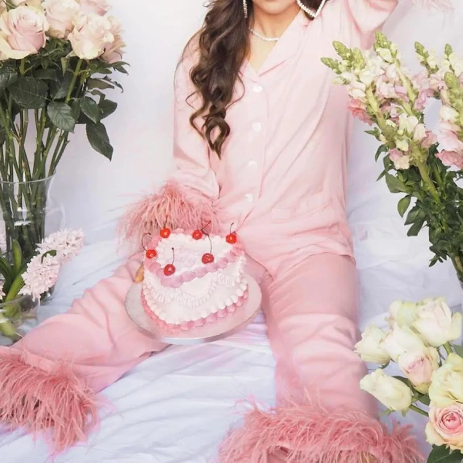 Fancy Pjs For Women Silk Feather Trim Pajamas With Feathers 2 Piece Pajama Set Galentines Day Outfit Satin Shirt Pants