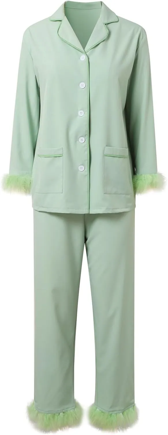 Fancy Pjs For Women Silk Feather Trim Pajamas With Feathers 2 Piece Pajama Set Galentines Day Outfit Satin Shirt Pants