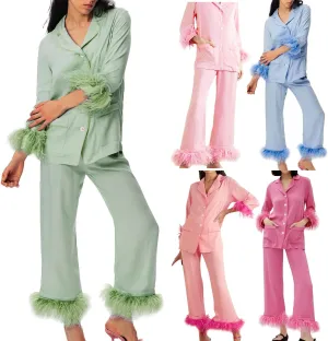 Fancy Pjs For Women Silk Feather Trim Pajamas With Feathers 2 Piece Pajama Set Galentines Day Outfit Satin Shirt Pants