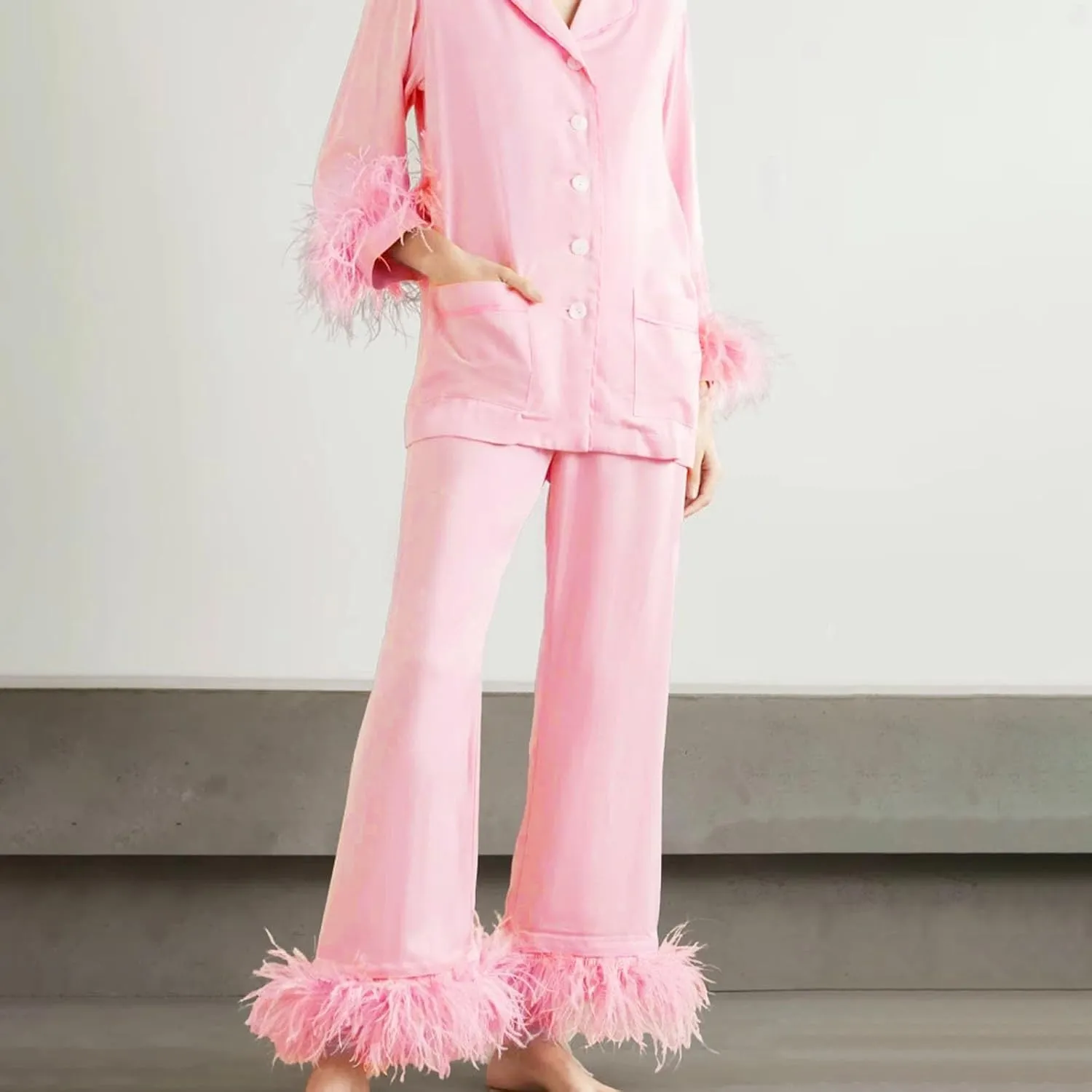 Fancy Pjs For Women Silk Feather Trim Pajamas With Feathers 2 Piece Pajama Set Galentines Day Outfit Satin Shirt Pants
