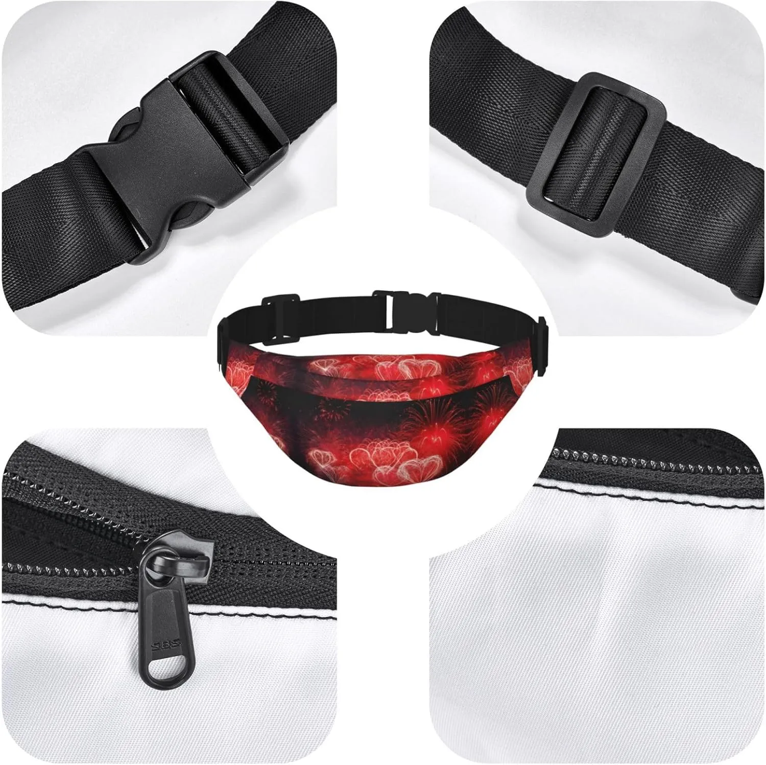 Fanny Pack for Women Men Red Hearts Fireworks Waist Bag Waterproof Belt Bag with Adjustable Strap