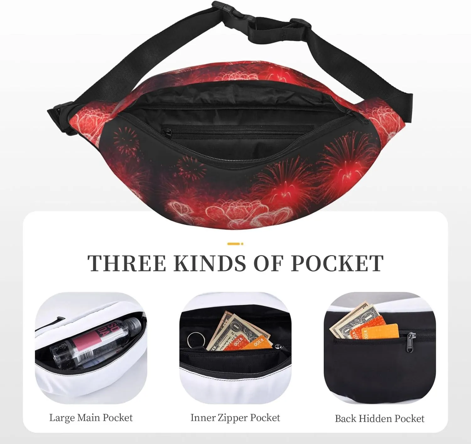 Fanny Pack for Women Men Red Hearts Fireworks Waist Bag Waterproof Belt Bag with Adjustable Strap