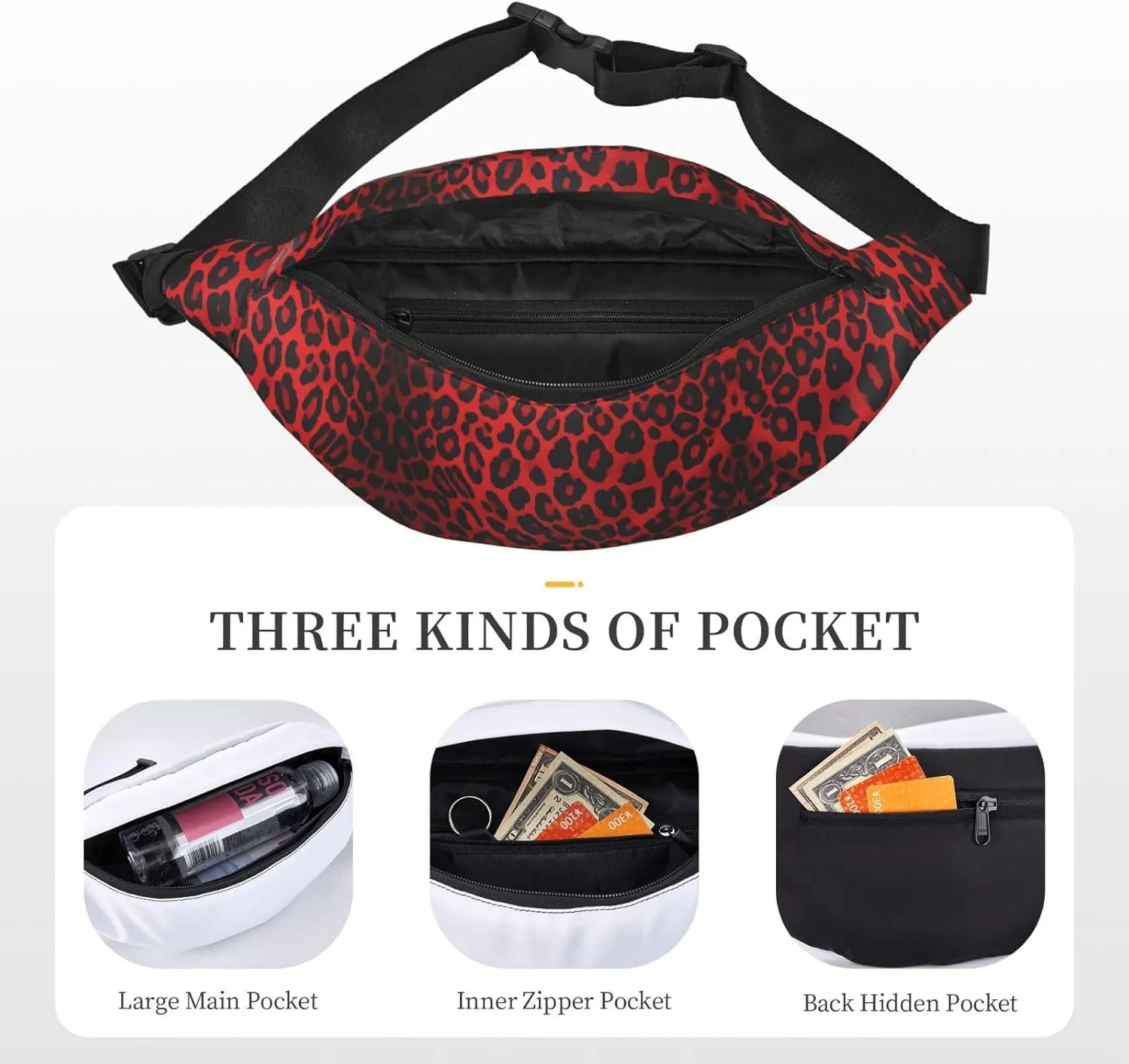Fanny Pack for Women Men Red Leopard Pattern Waist Bag Waterproof Belt Bag with Adjustable Strap