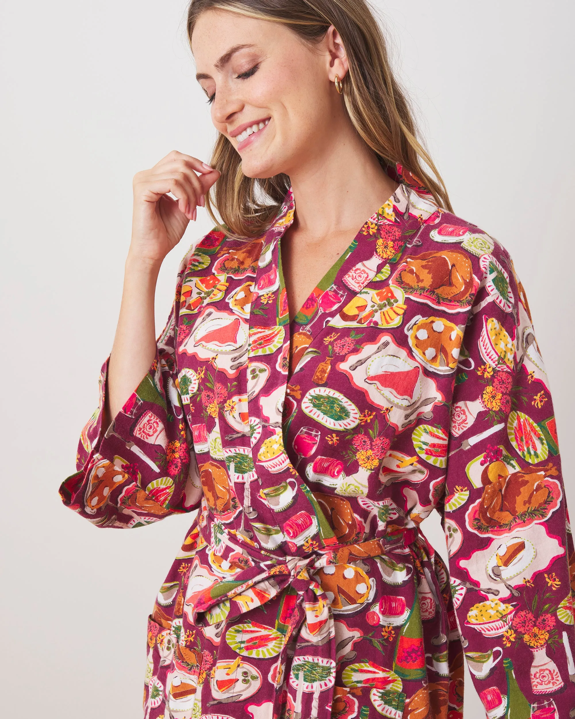 Festive Feast - Lightweight Flannel Robe - Cranberry Sauce
