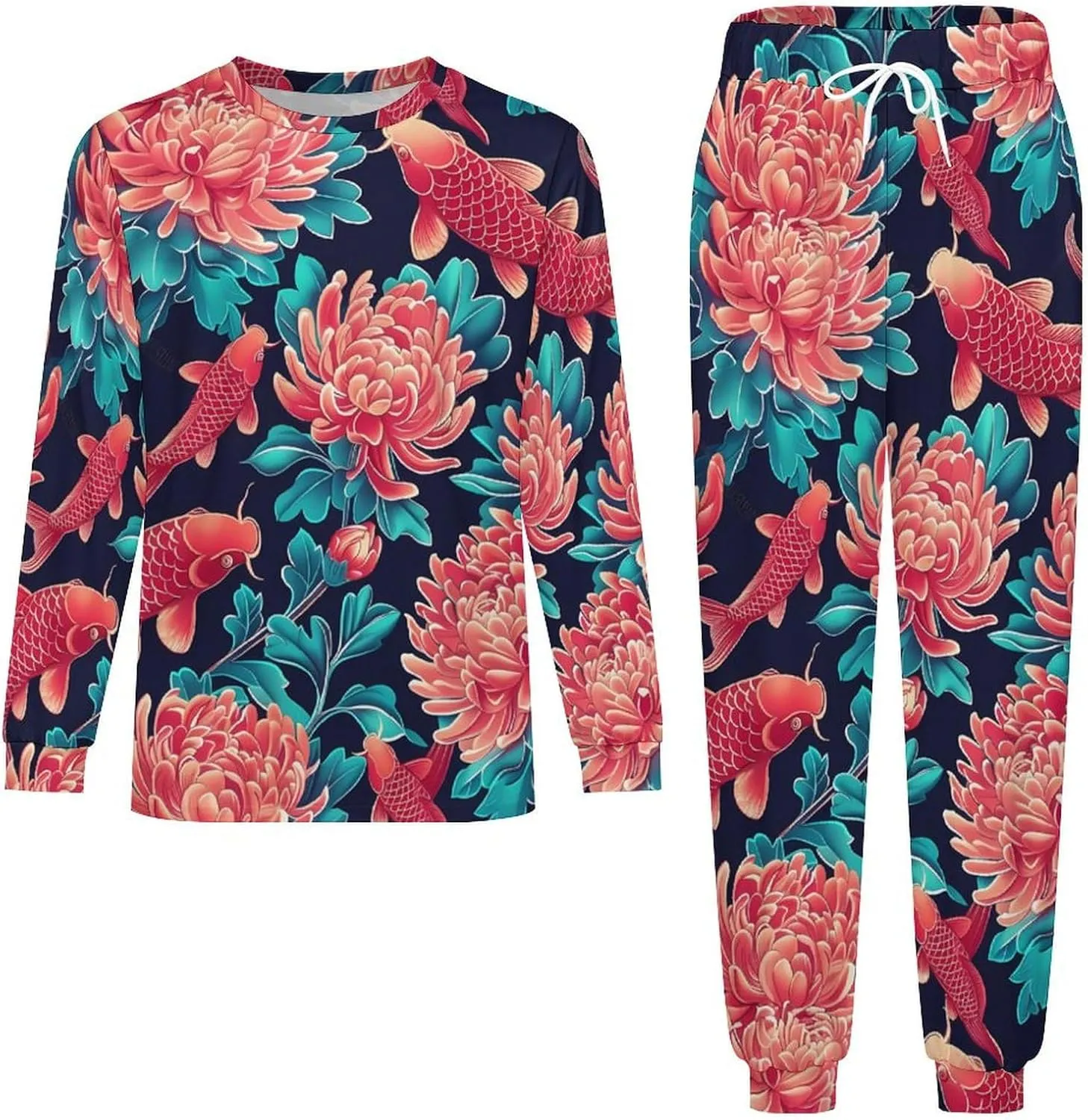 Fish Chrysanthemum Graceful Men's Pajama Set Crewneck Shirts And Bottoms Soft Pjs Set Long Sleeve Sleepwear Loungewear