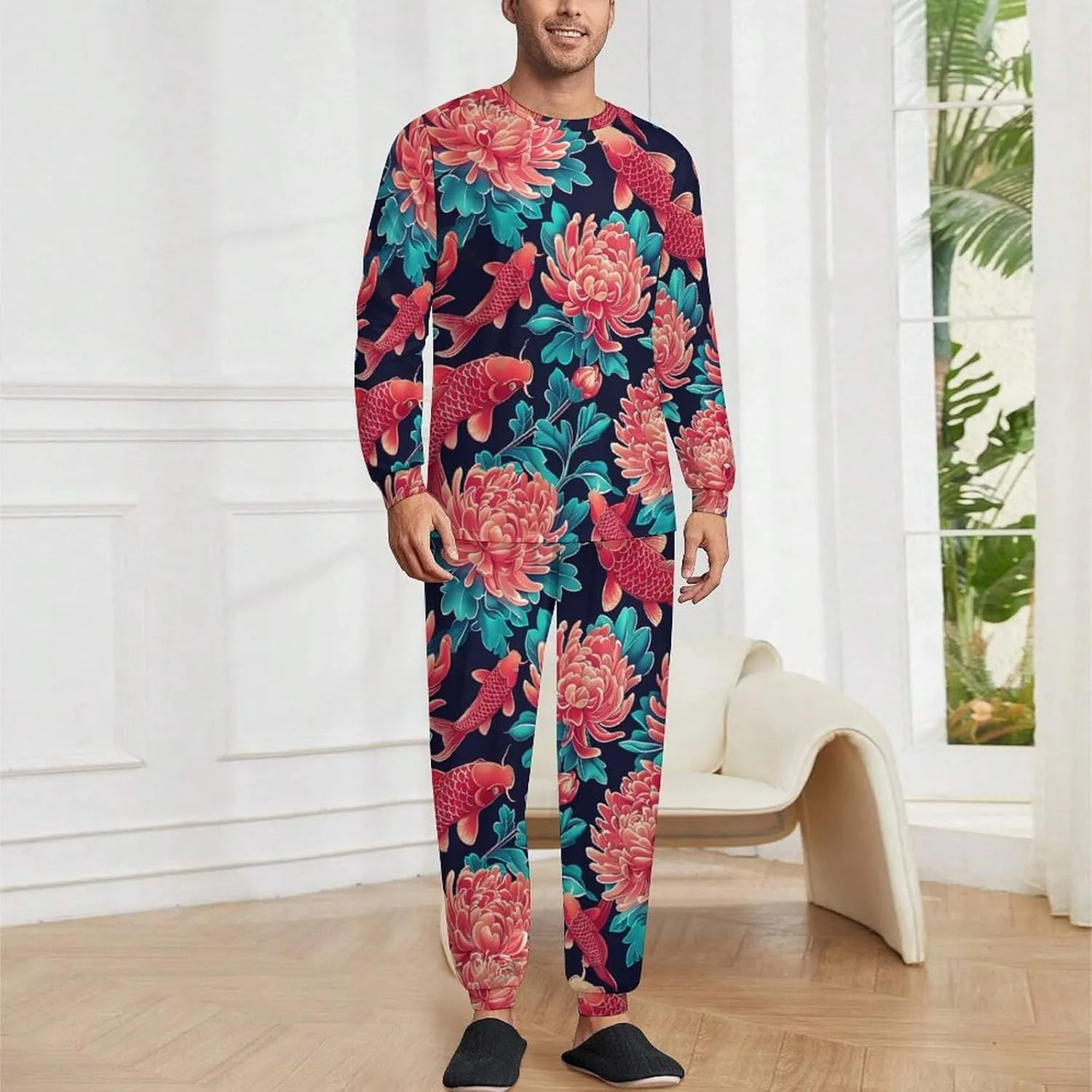 Fish Chrysanthemum Graceful Men's Pajama Set Crewneck Shirts And Bottoms Soft Pjs Set Long Sleeve Sleepwear Loungewear