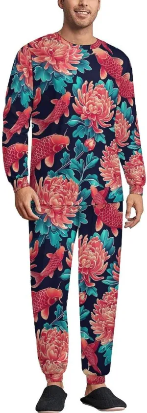 Fish Chrysanthemum Graceful Men's Pajama Set Crewneck Shirts And Bottoms Soft Pjs Set Long Sleeve Sleepwear Loungewear