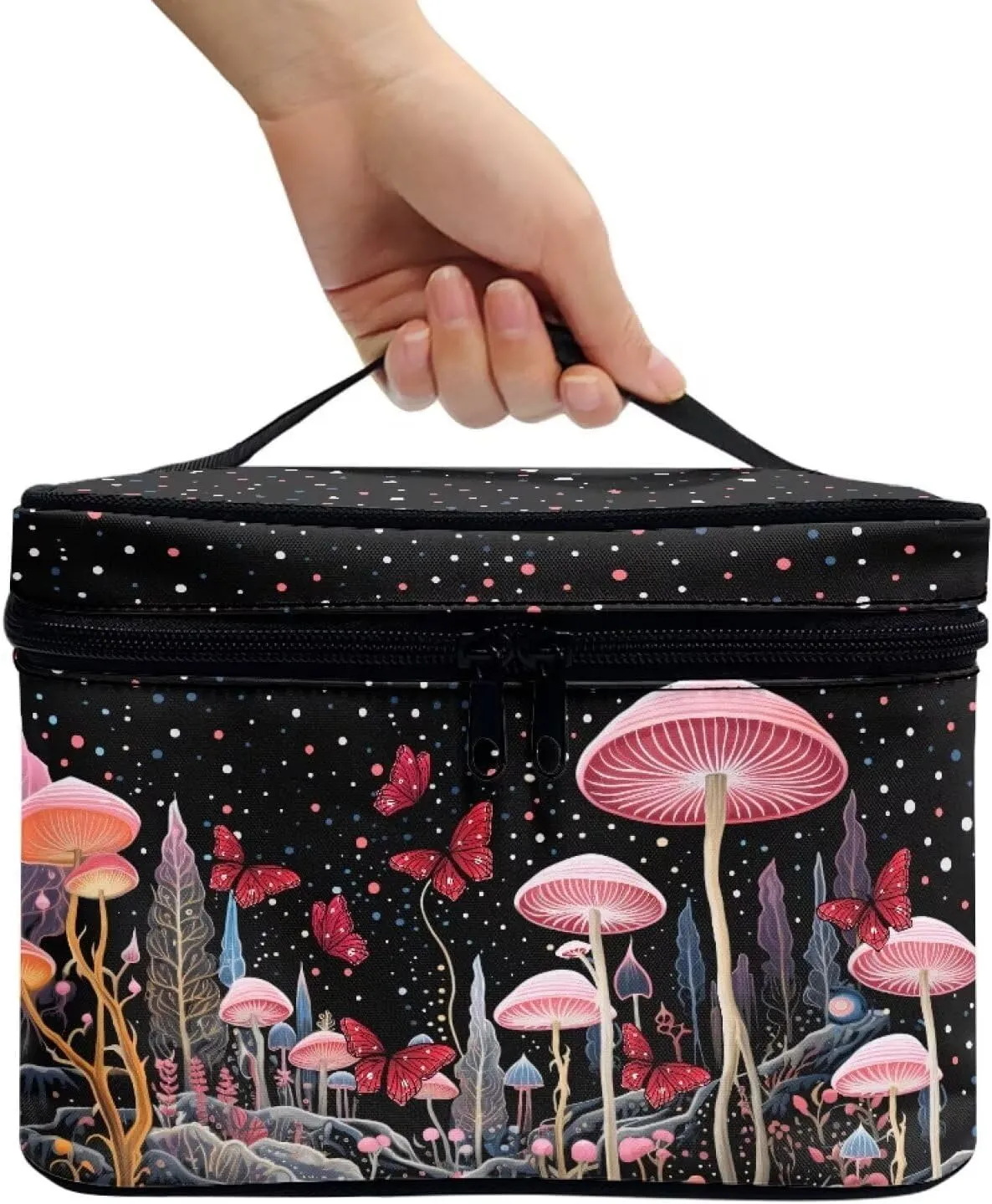 Flashideas Art Mushroom Cosmetic Pouch Cosmetic Organizer Storage Case Makeup Organizer Bag for Travel Easy to Take with Handle for Jewelry, Lipstick, Cosmetic Box