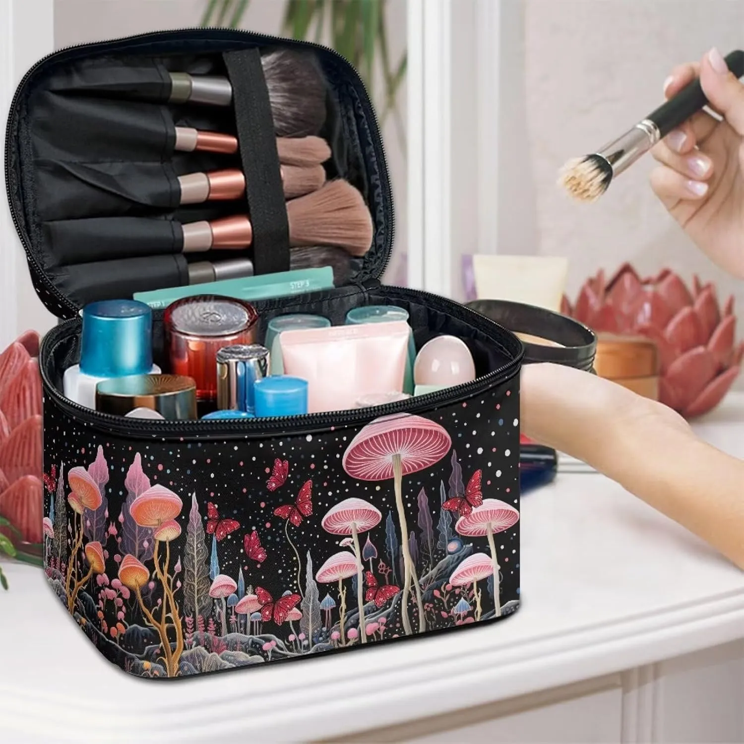 Flashideas Art Mushroom Cosmetic Pouch Cosmetic Organizer Storage Case Makeup Organizer Bag for Travel Easy to Take with Handle for Jewelry, Lipstick, Cosmetic Box