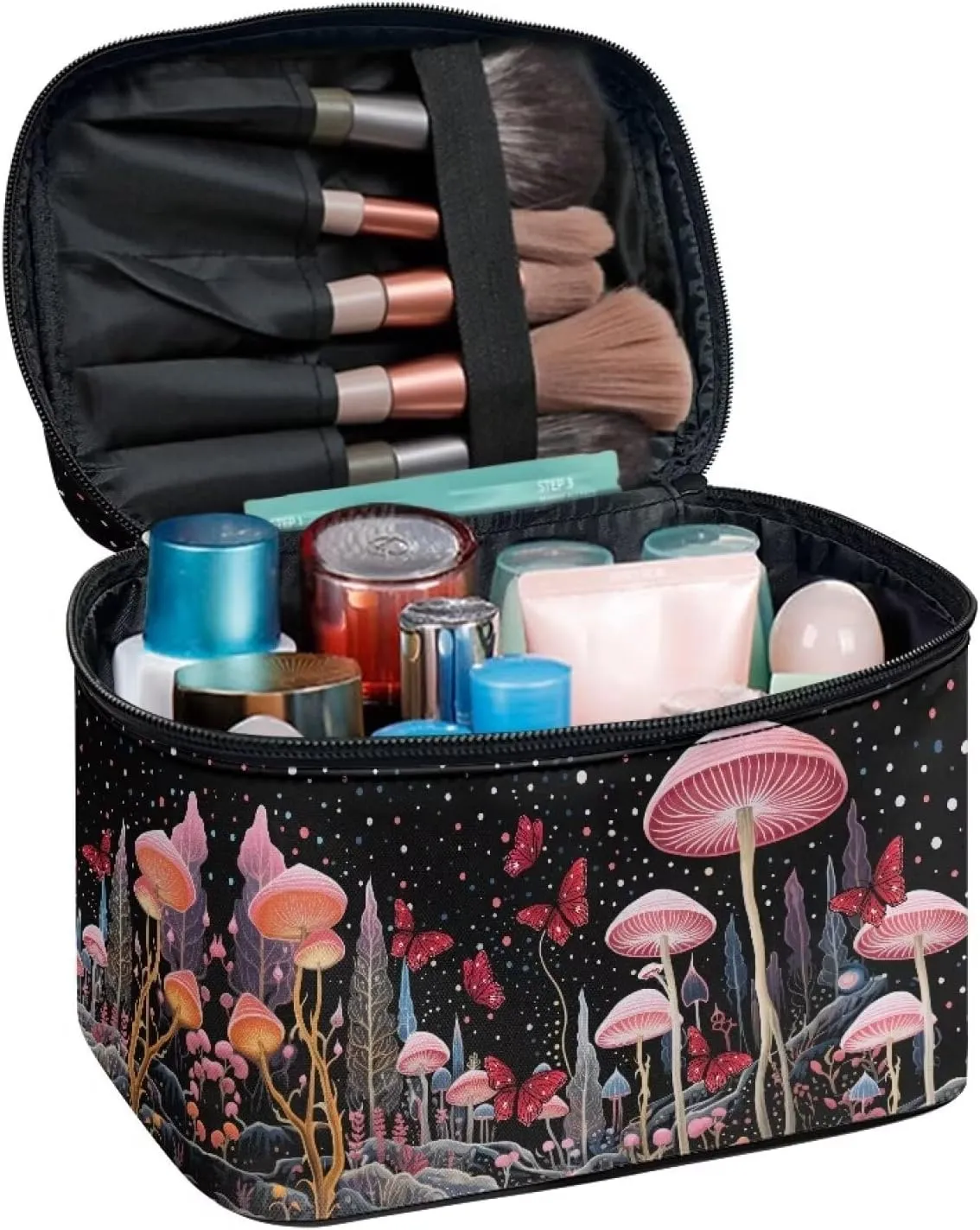 Flashideas Art Mushroom Cosmetic Pouch Cosmetic Organizer Storage Case Makeup Organizer Bag for Travel Easy to Take with Handle for Jewelry, Lipstick, Cosmetic Box