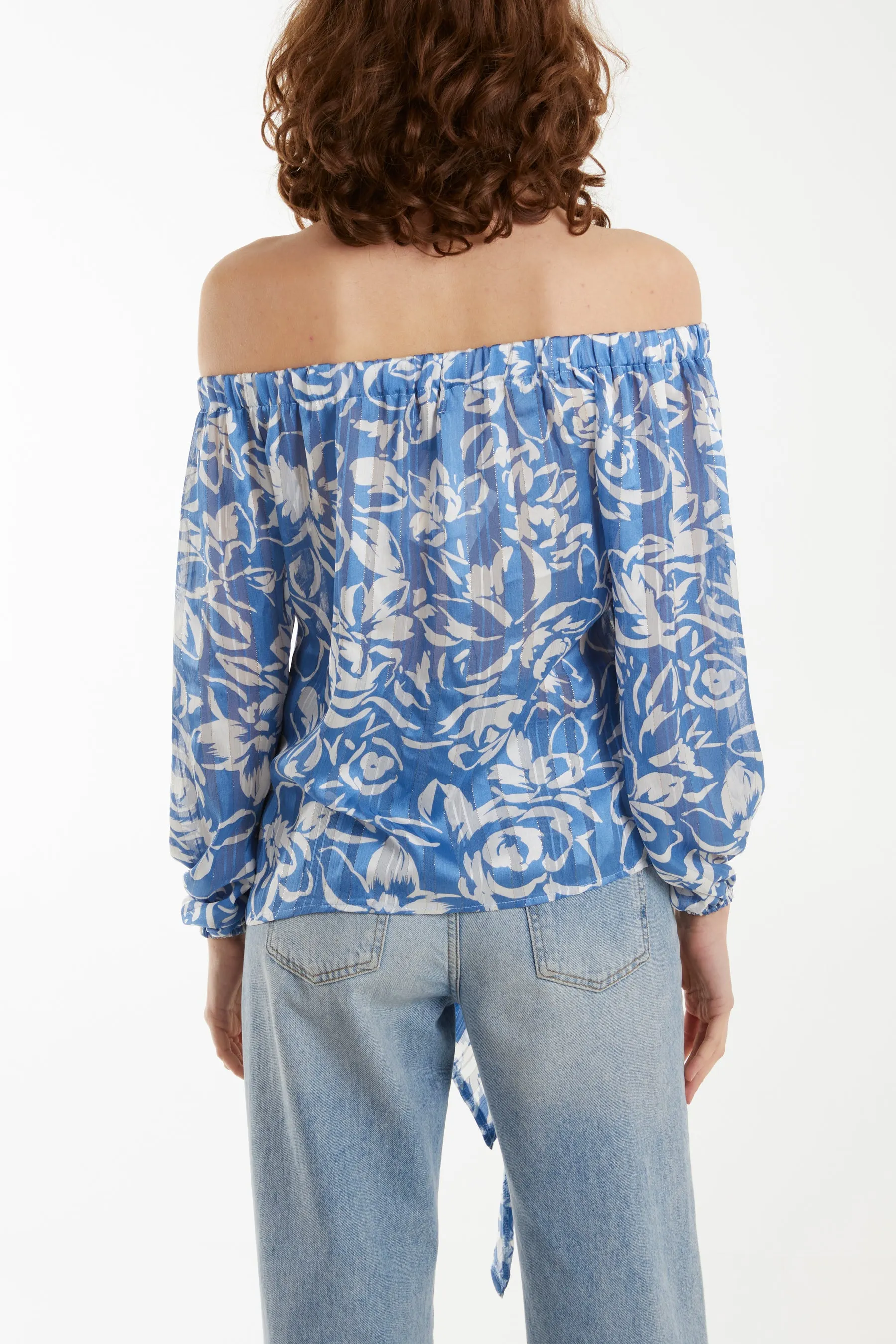 Floral Print Tie Front Bardot Top