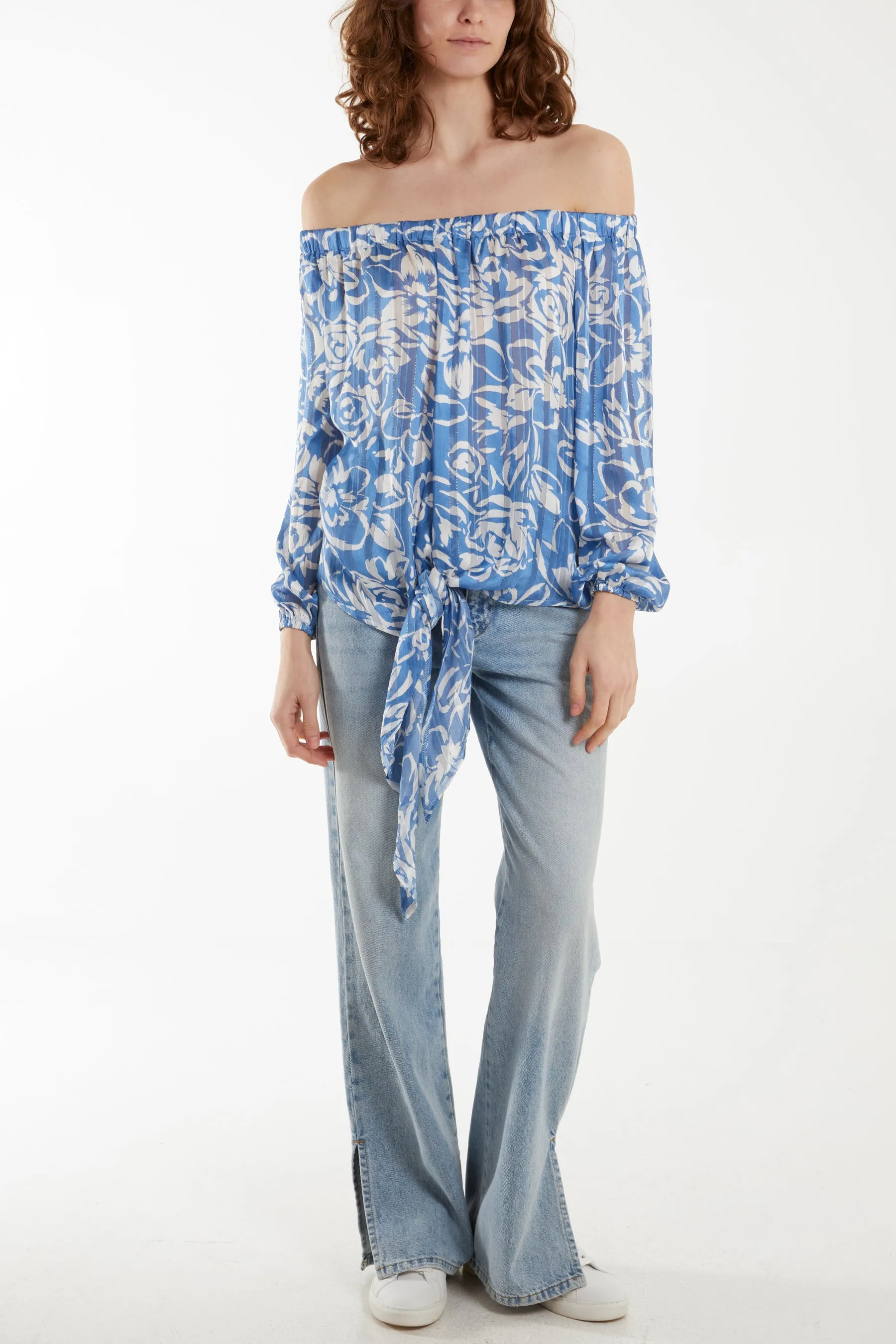 Floral Print Tie Front Bardot Top