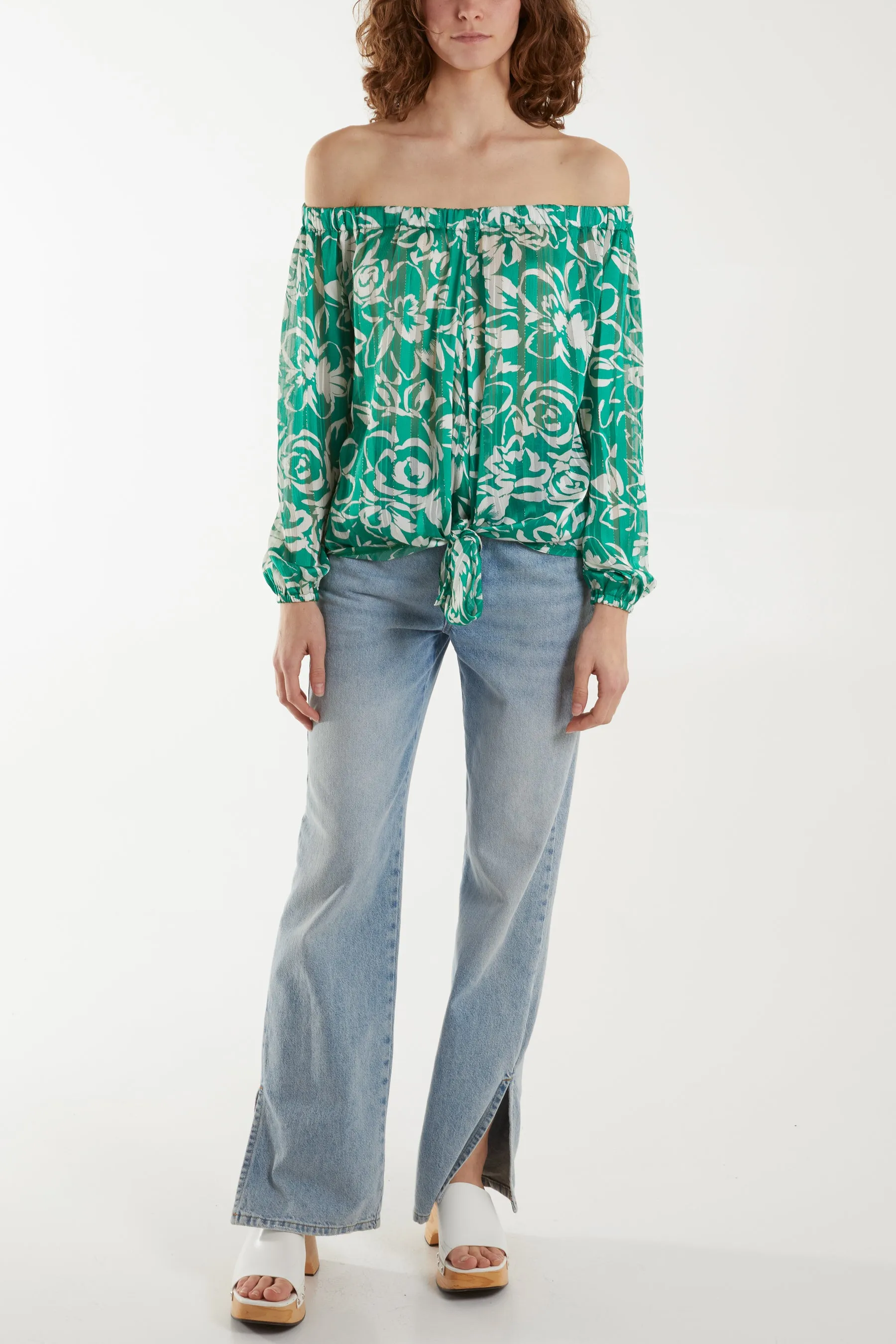 Floral Print Tie Front Bardot Top