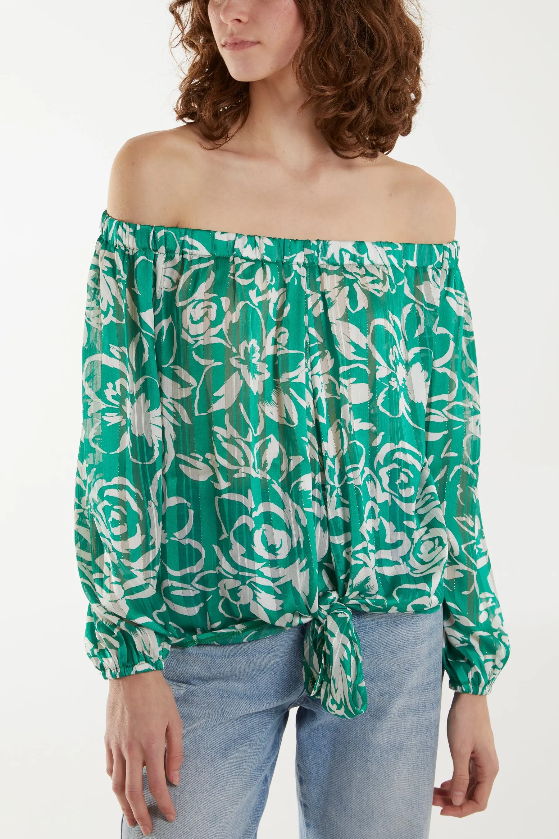 Floral Print Tie Front Bardot Top