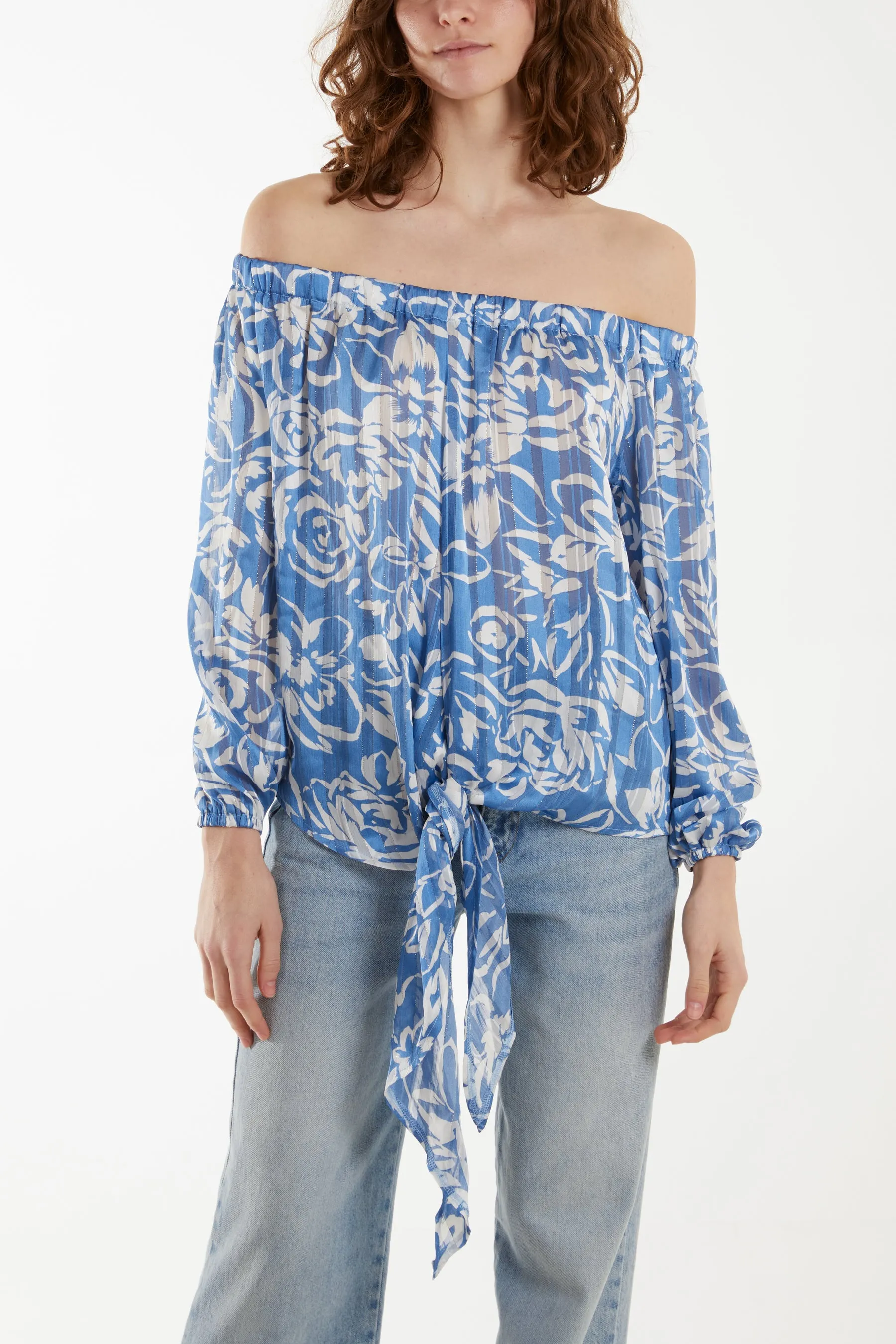 Floral Print Tie Front Bardot Top