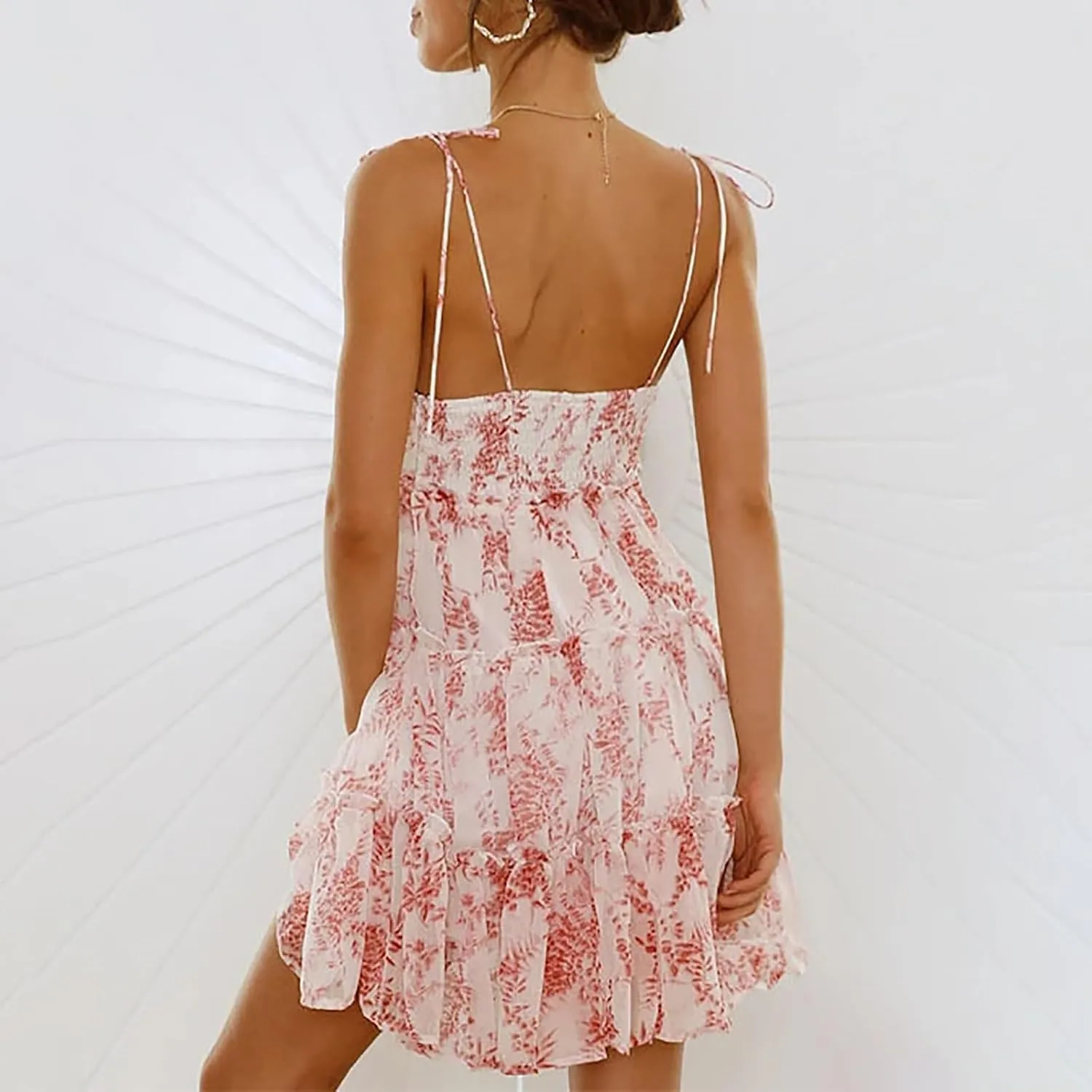 Floral Sundress for Women 2024 Casual Summer Back Smocked Sleeveless Dress Boho Layered Flowy Swing Beach Mini Dress