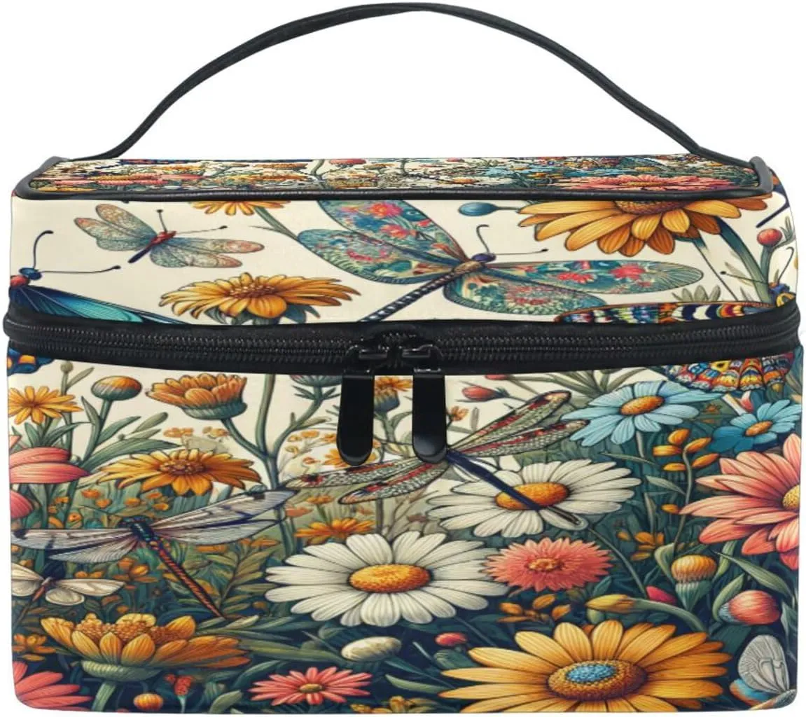 Flower Butterfly Dragonfly Travel Cosmetic Bag Women's Top Handle Multifunction Organizer Toiletry Bags Makeup Case Large Makeup Organizer for Cosmetics Toiletries Jewelry Travel Essentials