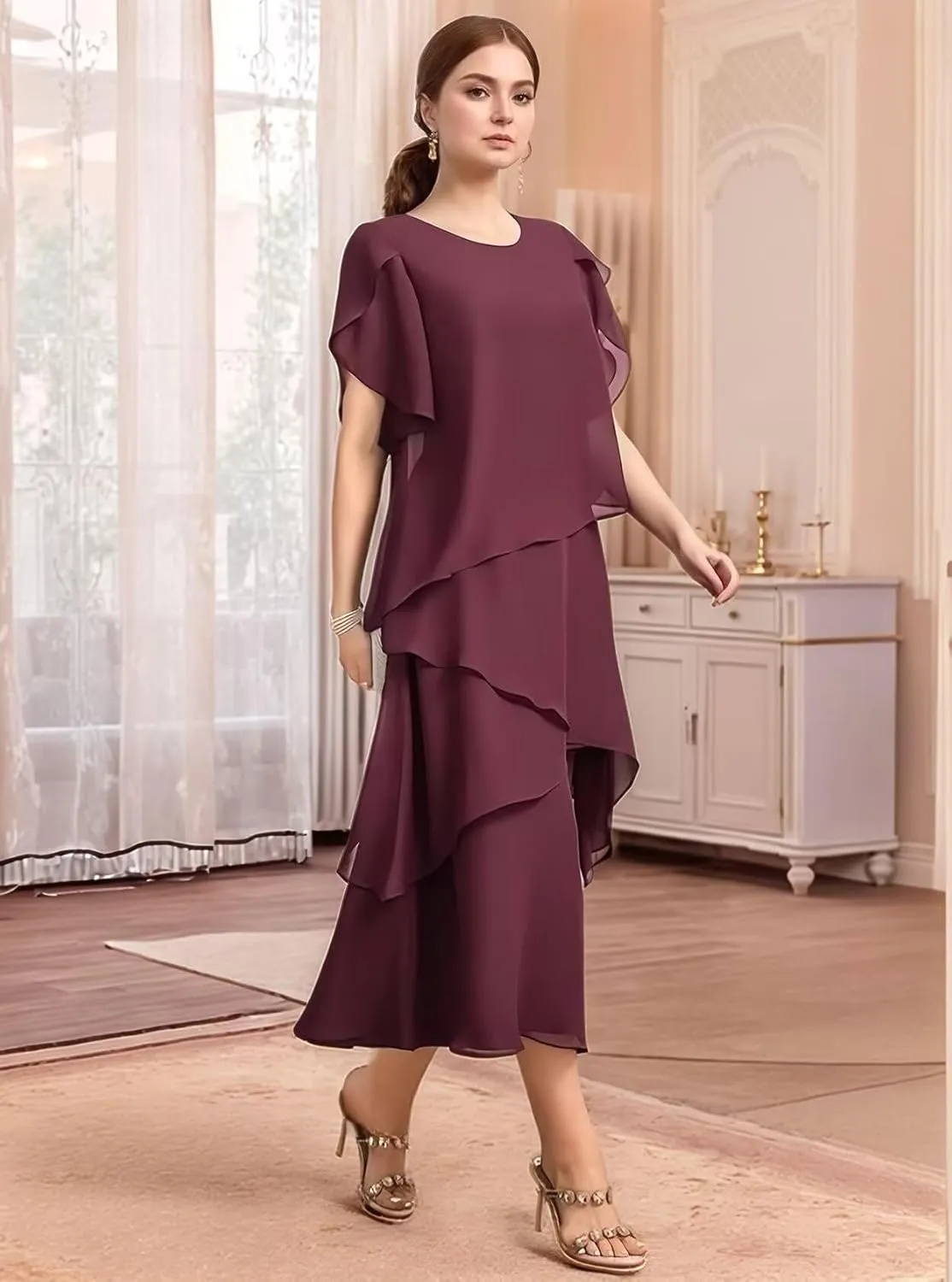 Flowy Chiffon Mother of The Bride Dresses for Women Tea Length Wedding Guest Dress with Sleeves