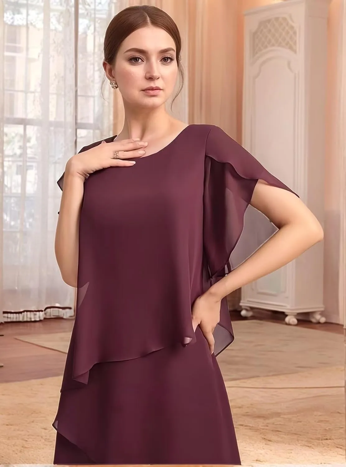 Flowy Chiffon Mother of The Bride Dresses for Women Tea Length Wedding Guest Dress with Sleeves