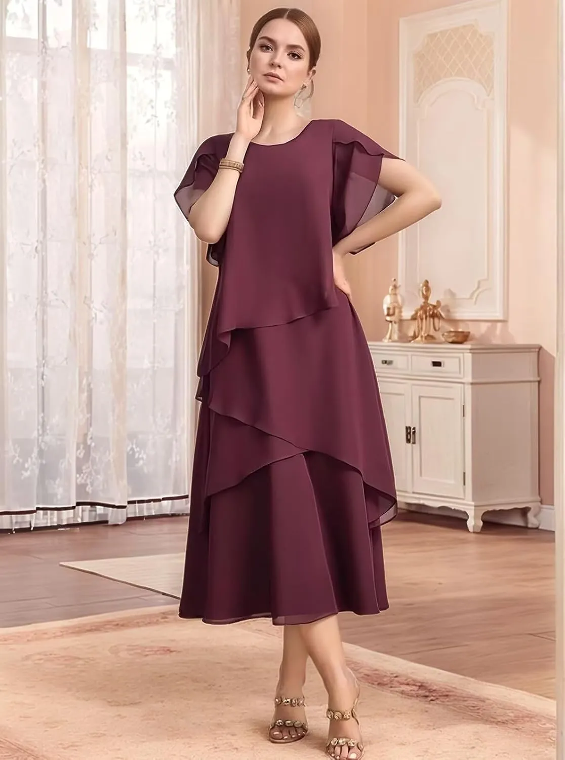 Flowy Chiffon Mother of The Bride Dresses for Women Tea Length Wedding Guest Dress with Sleeves
