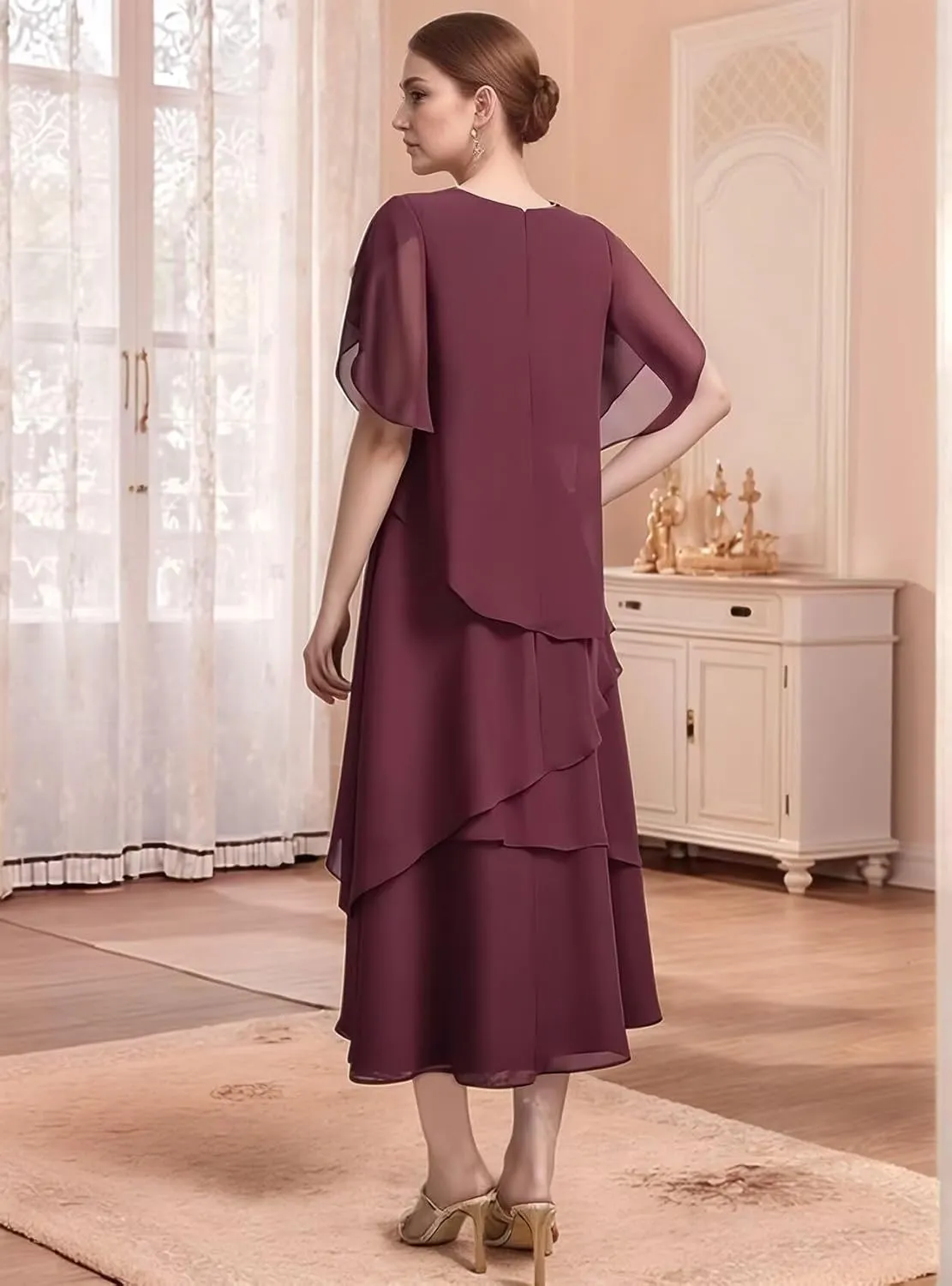 Flowy Chiffon Mother of The Bride Dresses for Women Tea Length Wedding Guest Dress with Sleeves