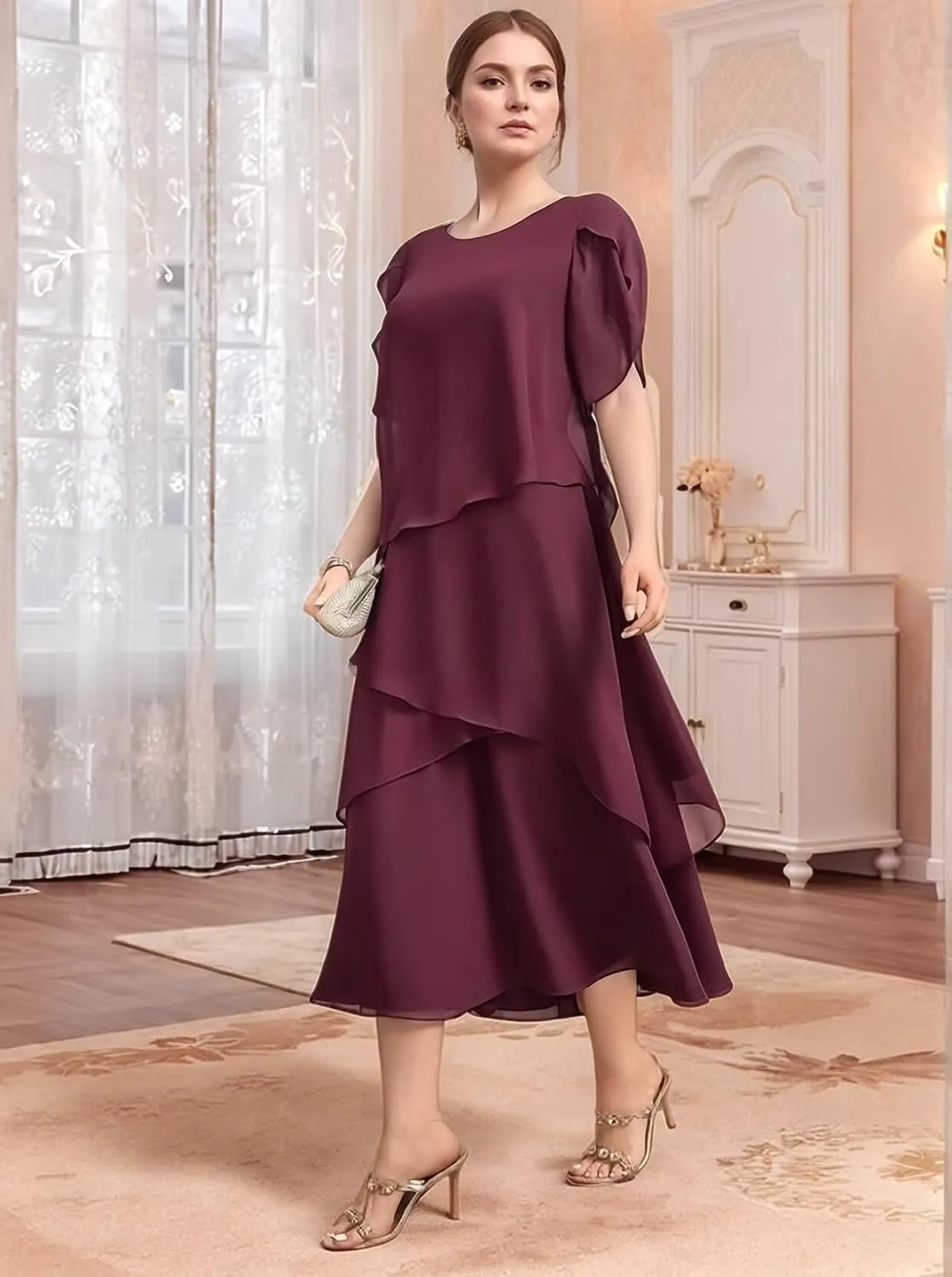 Flowy Chiffon Mother of The Bride Dresses for Women Tea Length Wedding Guest Dress with Sleeves