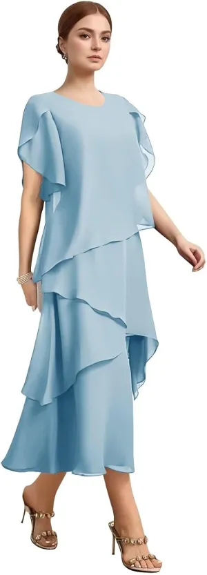 Flowy Chiffon Mother of The Bride Dresses for Women Tea Length Wedding Guest Dress with Sleeves