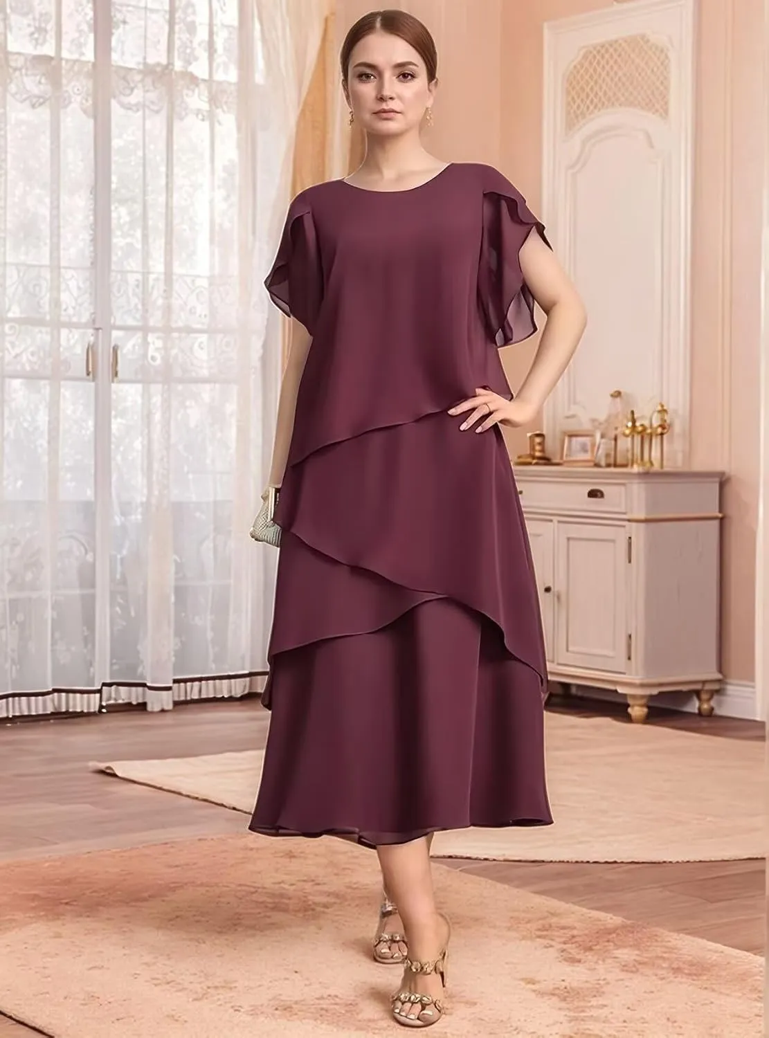 Flowy Chiffon Mother of The Bride Dresses for Women Tea Length Wedding Guest Dress with Sleeves