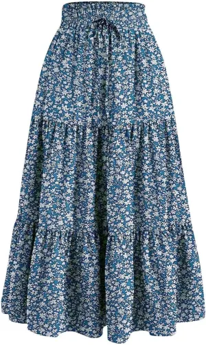 Flowy Long Summer Skirts Women Boho Floral Elastic High Waist Tiered Pleated Casual Beach Maxi Skirt