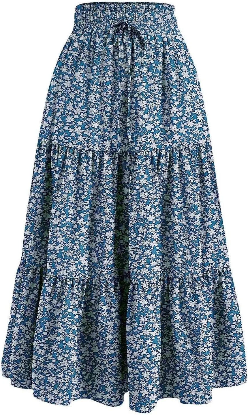 Flowy Long Summer Skirts Women Boho Floral Elastic High Waist Tiered Pleated Casual Beach Maxi Skirt