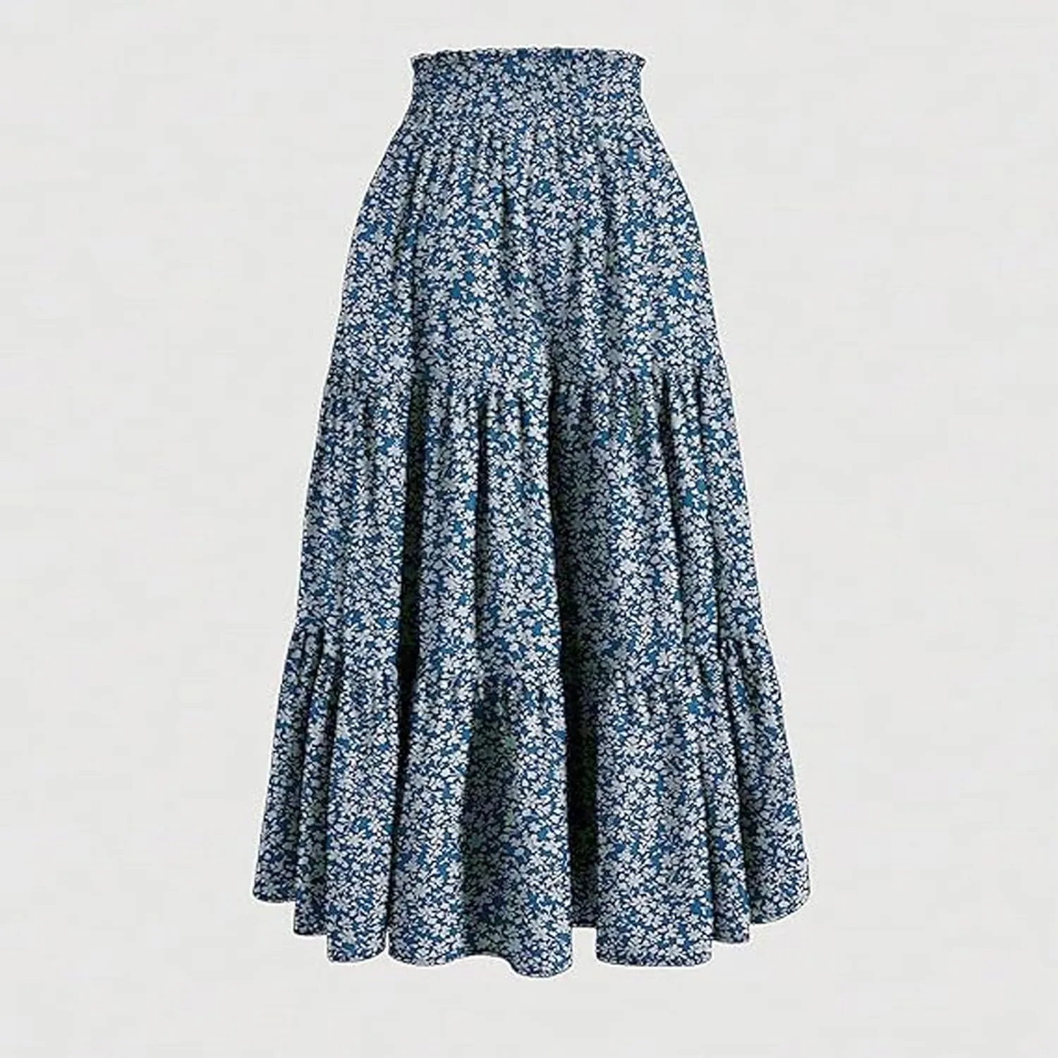 Flowy Long Summer Skirts Women Boho Floral Elastic High Waist Tiered Pleated Casual Beach Maxi Skirt
