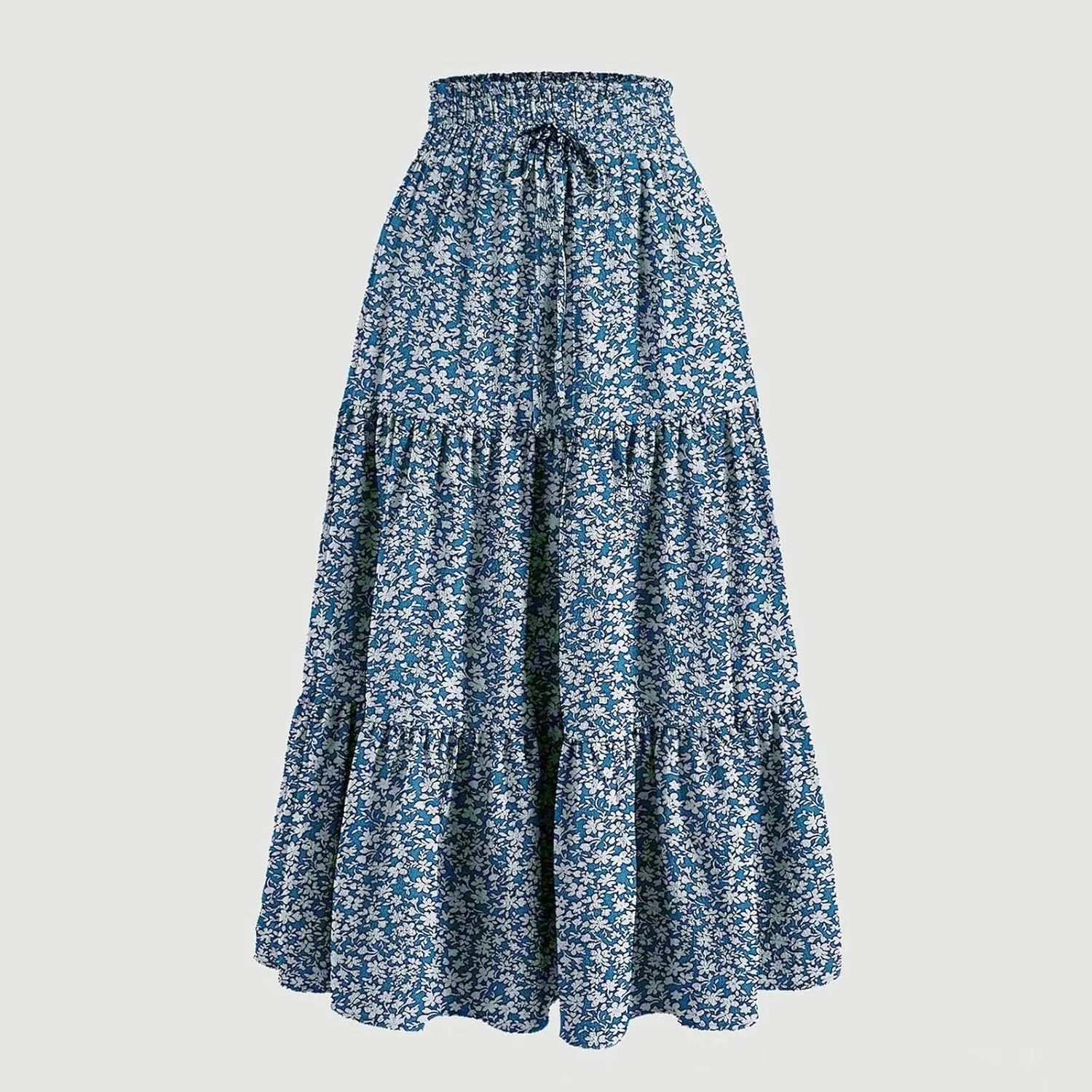 Flowy Long Summer Skirts Women Boho Floral Elastic High Waist Tiered Pleated Casual Beach Maxi Skirt