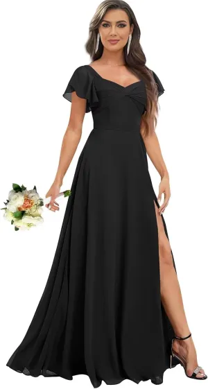 Flutter Sleeve V Neck Slit Bridesmaid Dresses Long for Women Ruched Chiffon Empire Waist Formal Gowns with Pockets